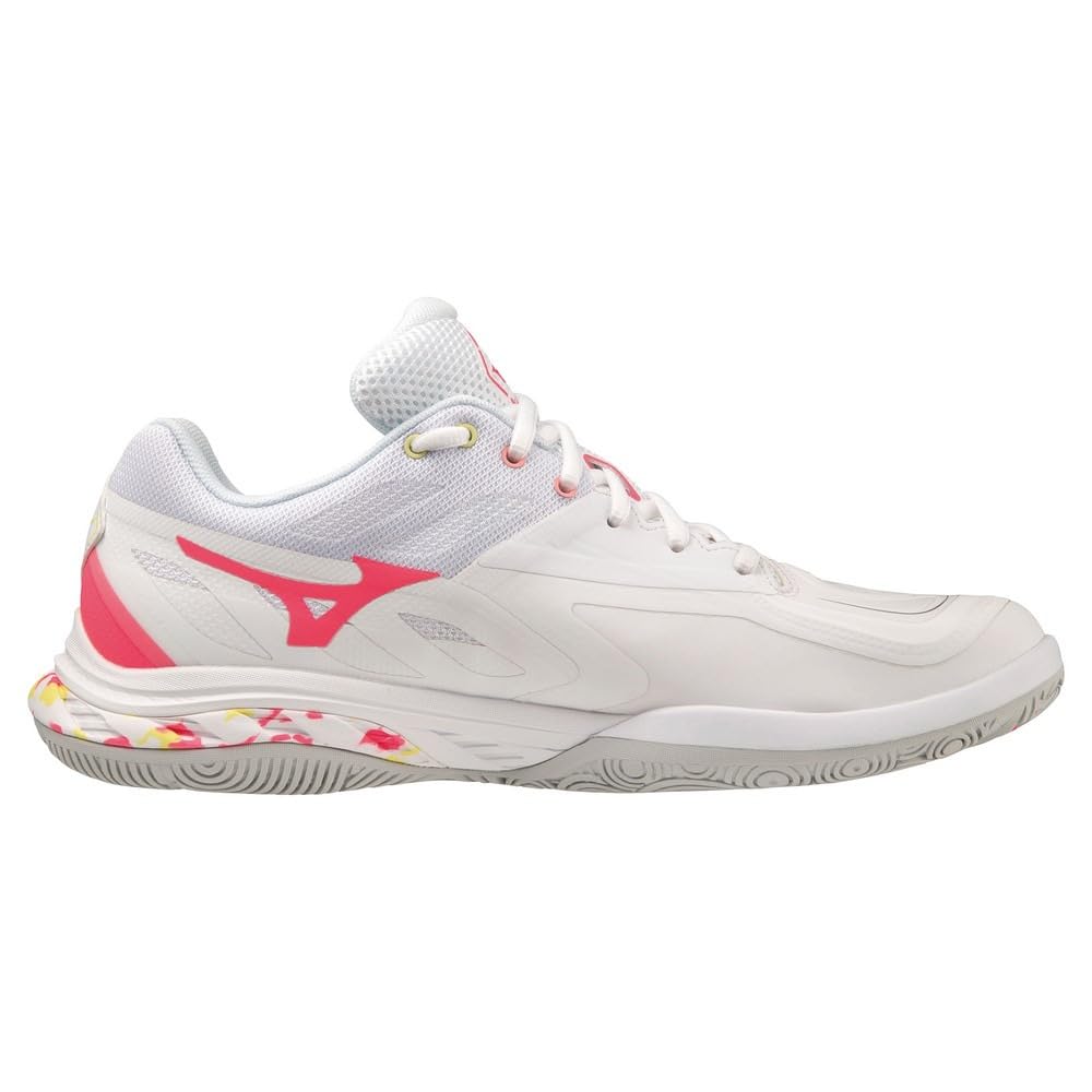 Mizuno Wave Fang 2 Badminton Shoes, One-Piece Model, Fit, Grip, Stability, and Resilience, Hard Hitting, White/Pink/Yellow, Size 22.5 Cm, 2E