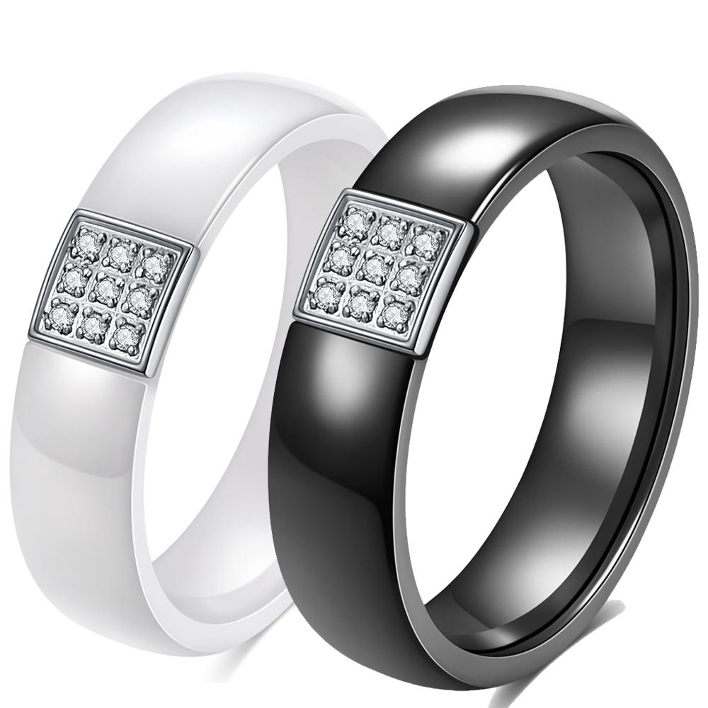 New 6mm Classic Squar Ceramic AAA Cubic Zirconia Ring for Women Fashion Jewelry Black White Ceramic Wedding Band Ring