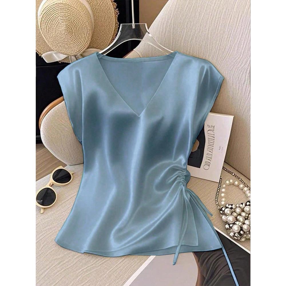 Einfarbige Satin-Kurzarm-T-Shirt-Bluse für Damen, Sommerlich Dünn und Stilvoll, V-Ausschnitt, Slim Fit
