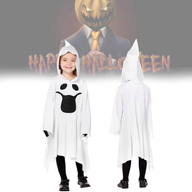 Bílý kostým Ducha pro děti s elegantními rukavicemi, ideální pro halloweenské oslavy