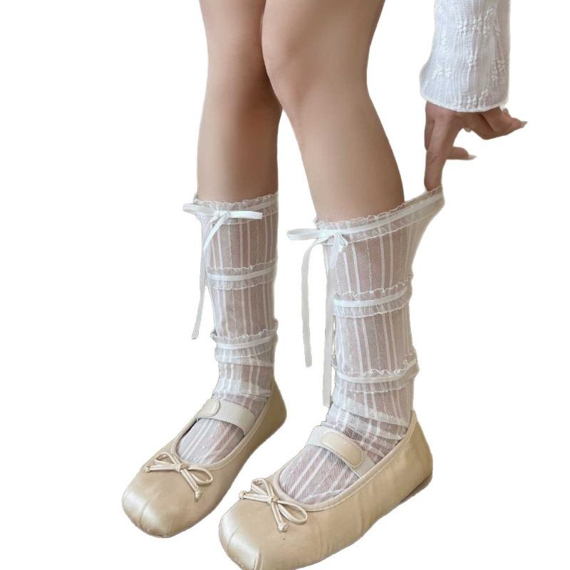 Spring and Summer Lightweight Socks - Children's Lace Mesh Stockings with Bow Ties - Long Stockings with Half-length Coverage