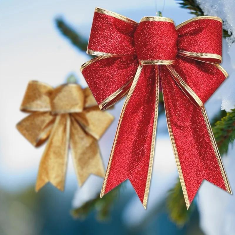 12/1pcs Glitter Bow Gold Red Xmas Tree Ribbon Bowknot Hanging Pendant Ornaments for Christmas New Year Party Home Decor Gifts