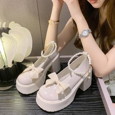 Mary Jane scarpe basse in pelle da donna primavera e autunno 2025 nuovo fiocco bocca leggera perla fibbia a Tacco spesso punta rotonda scarpe singole