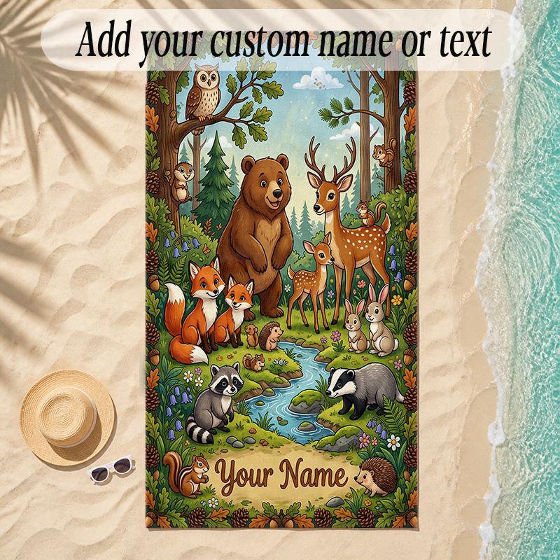 Forest Theme Soft Beach Towel Personalized Custom Name Text Towel Portable for Beach Pool Travel