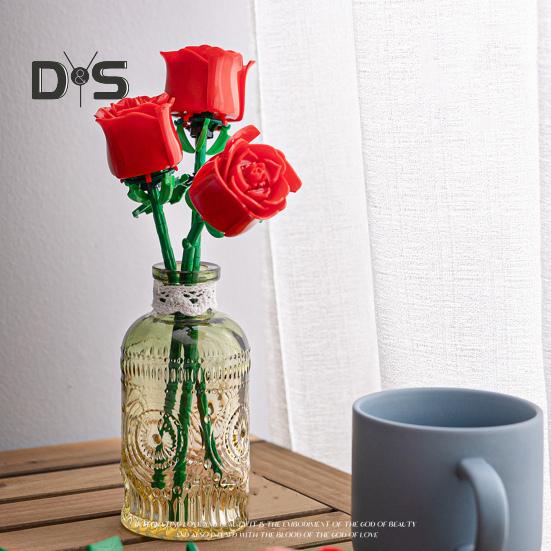 1 Set Building Block Rose Branch DIY Handmade Colorful Flower Block Assembly Toy Plastic Floral Plants Decoration Kids Adults Girls Gift
