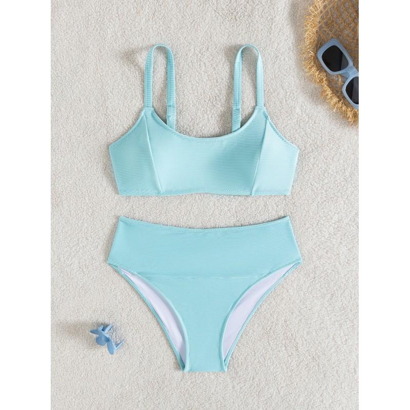 Womens High-Waisted Solid Color Bikini Set Slimming Beach Swimwear With Padded Cups No Underwire