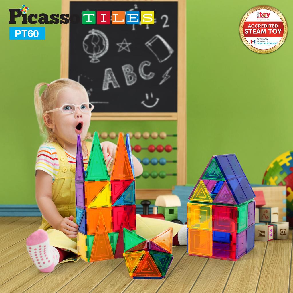 PicassoTiles 60-Piece Set of Magnetic Building Tiles, Clear Magnetic 3D Building Blocks for Construction Playboards - Unbelievable Creativity,