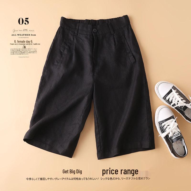 Women's Cotton Linen High Waist Wide-Leg Shorts - Summer Semi-Elastic Casual Five-Point Pants