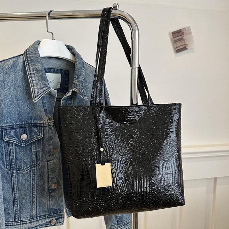 

Женская сумка через плечо с ручкой в стиле ретро из искусственной кожи с узором под крокодила и большой емкостью 33x11x31cm чёрный