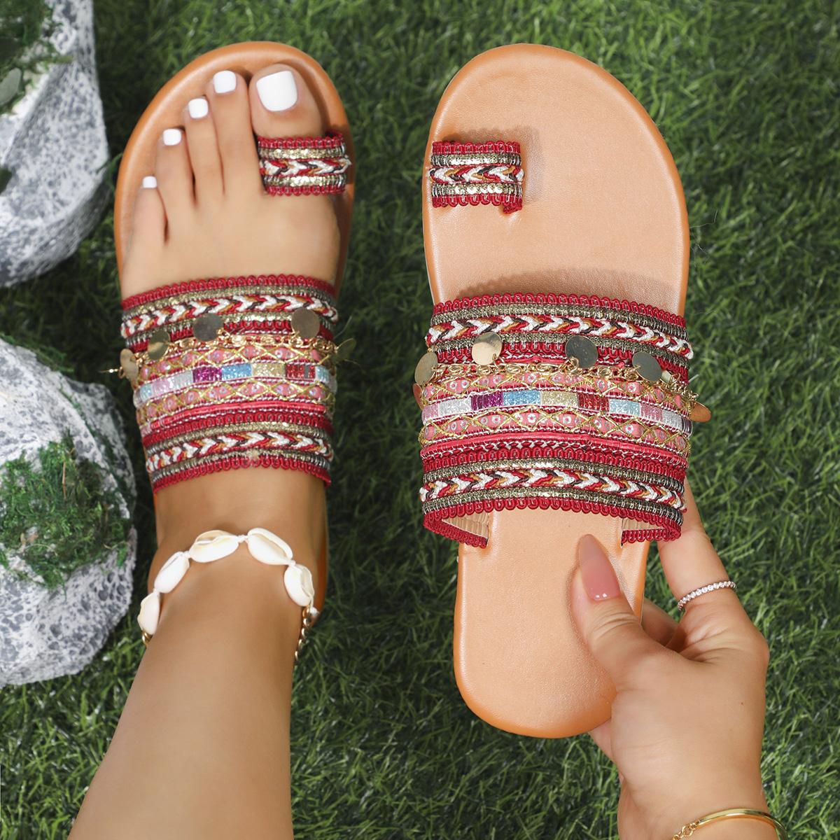

мода новый тренд лето бохо народно-обычайный ремесленный женские плоские тапочки повседневные дышащие удобные пляжные женские сандалии плюс размер 43 37 красный