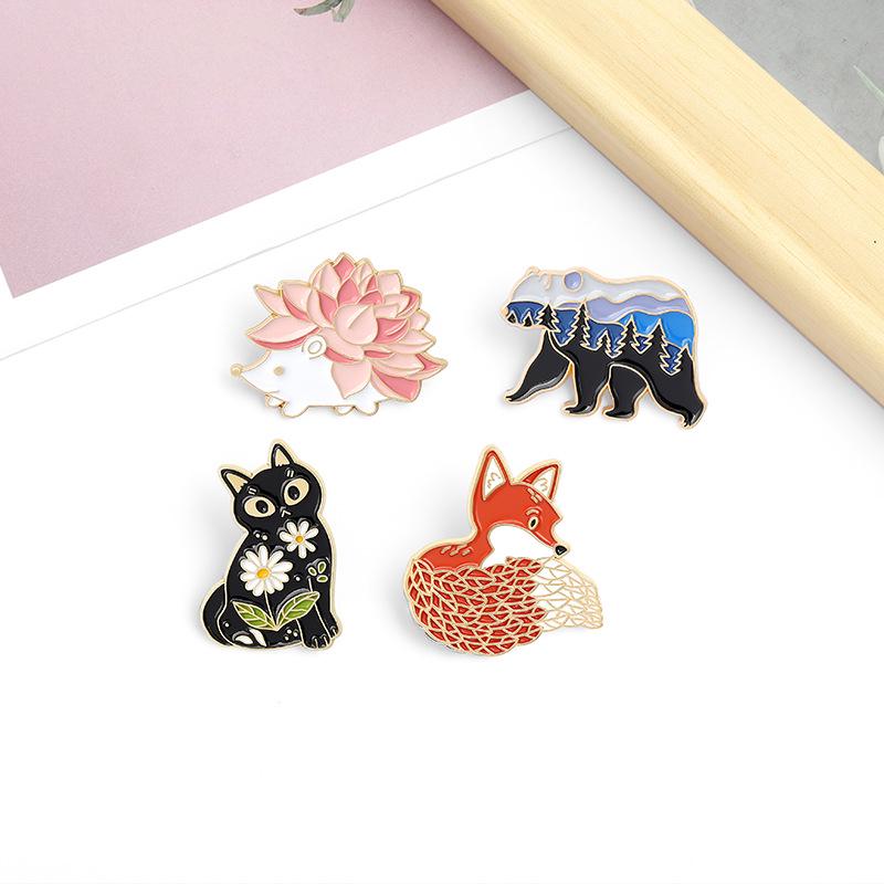 Cute Cartoon Animal Badge Series: Red Fox, Black Cat, Hedgehog Enamel Brooch Accessories