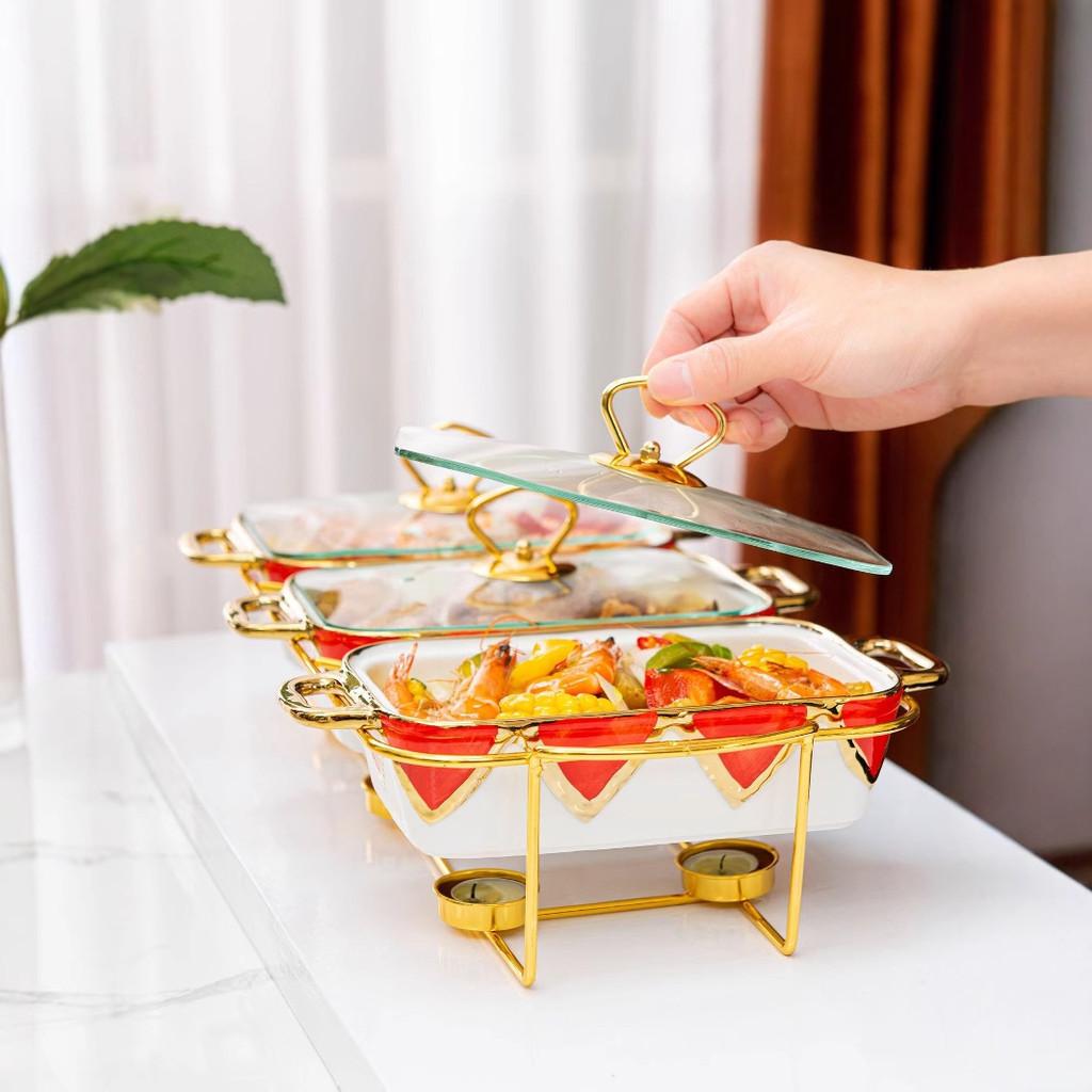 Three-grid Rectangular Ceramic Plate Soup Pot Metal Shelf Hotel Restaurant Hand-Colored Soup Pot Dry Pot Tableware Set