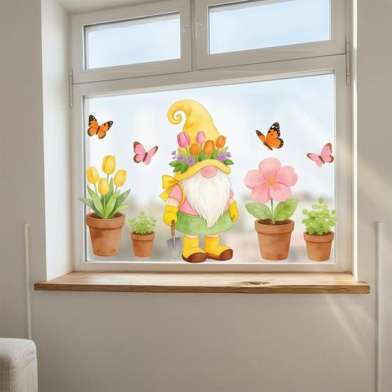 Garden Gnome Window Clings with Tulips and Butterflies, Watercolor Dwarf Glass Decals, Self-Adhesive Transparent Stickers for Balcony Patio Living