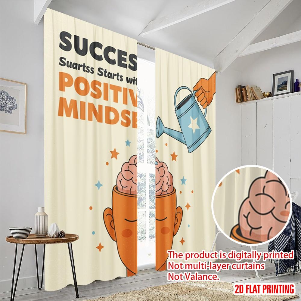 2pcs 2D Flat Printing Window Curtains Positive Mindset Brain Growth Success 100% Polyester Without Electricity Festive Curtains