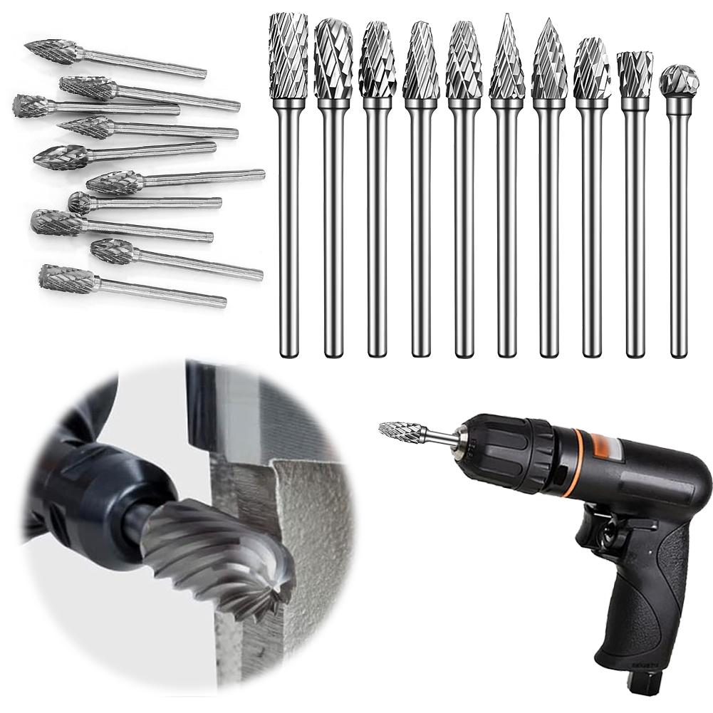 10Pcs Rotary File Rasp 1/8 Inch Shank Solid Tungsten Carbide Rotary Burr Set for Metal Welds Carving Cutting Engraving Porting