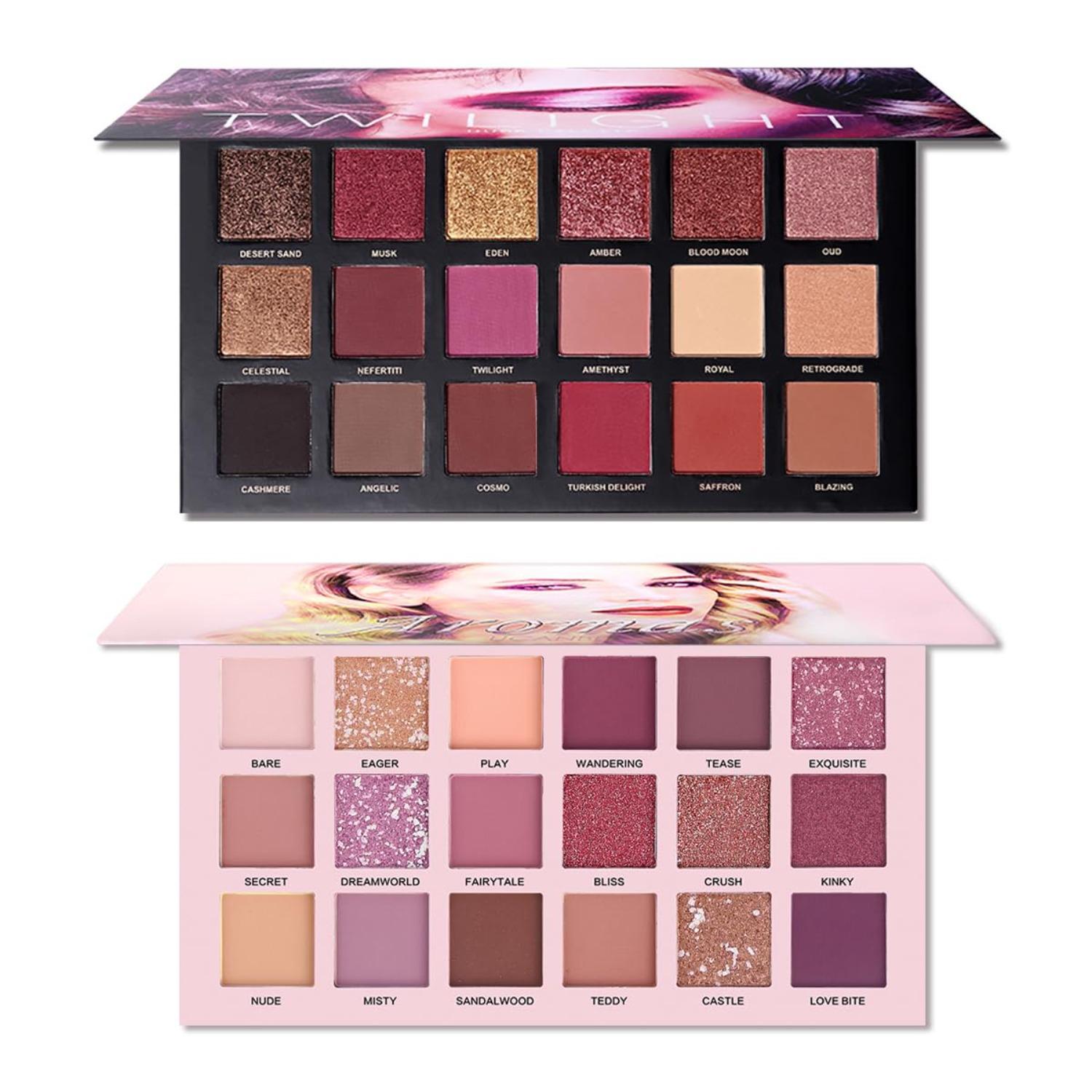 2Pcs Twilight Dusk + Aromas Nude Eyeshadow Palette Makeup Set, Matte Shimmer Glitter Pressed Pearl All Highly Pigmented Blending Powder, Natural