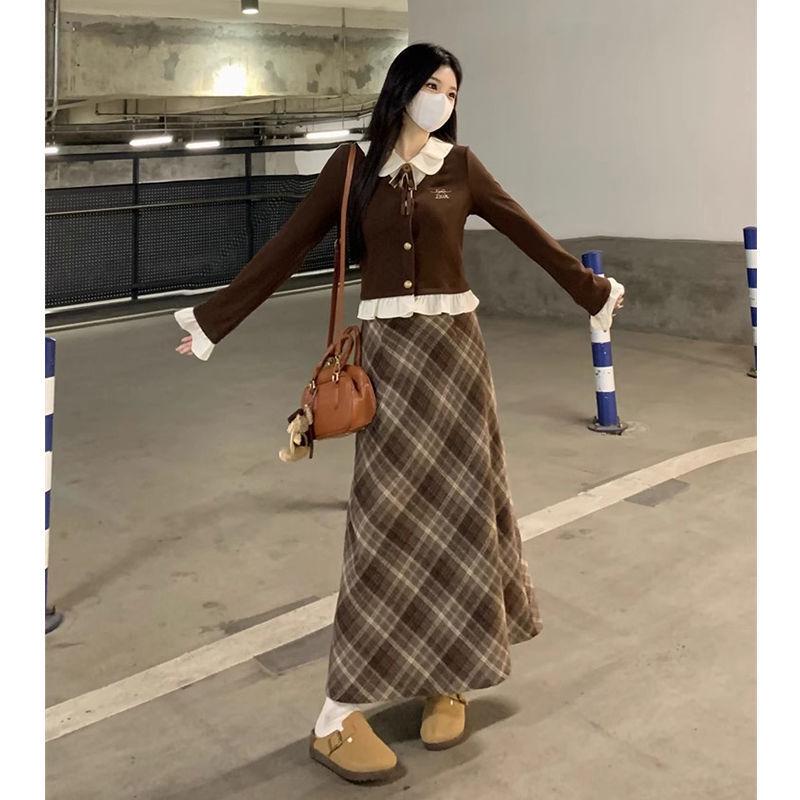 Petite Retro Plaid Skirt & Spliced Long Sleeve Top Set for Autumn/Winter Women