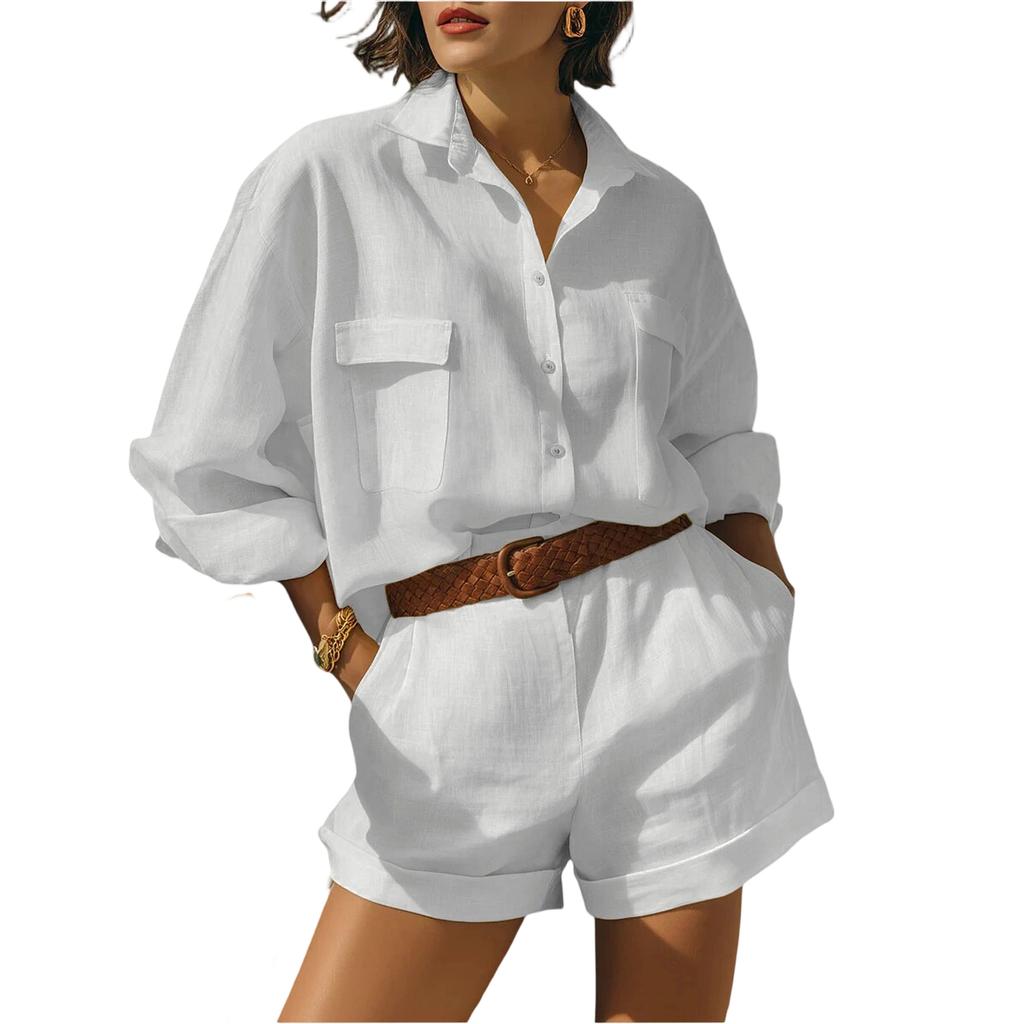 Ladies' Casual And Fashionable Cotton And Linen Loose Breasted Shirt And Shorts Set