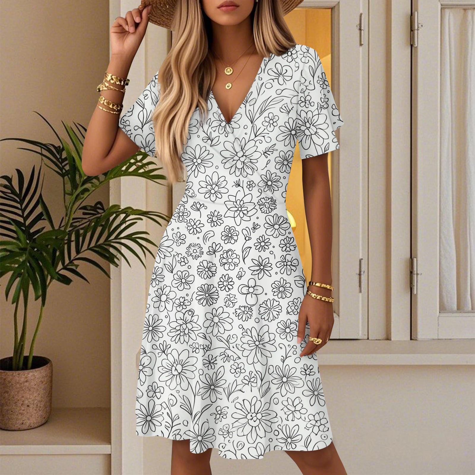 

Women s Summer Fashion Floral Print Dress Casual Beach A-Line V-Neck Loose Sundress XXL білий