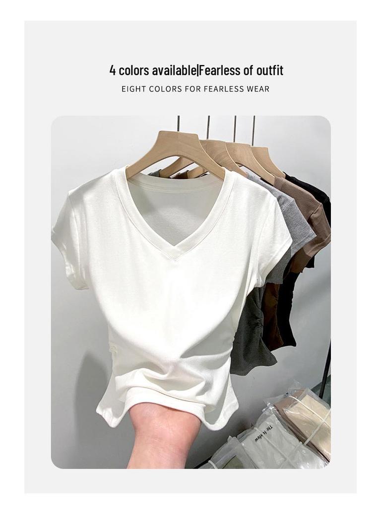 Women's Slim-fit V-Neck Short Sleeve T-shirt - Summer Style Waist-Cinching, High-End Niche Fashion