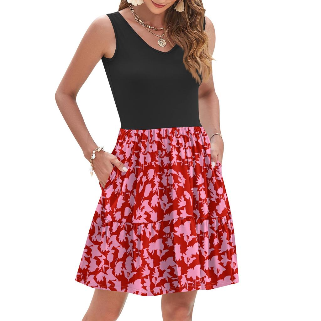 Women's Summer Fashion Casual V-neck Pleated Patchwork Vintage Floral Print Sleeveless Pocket Vest Dress