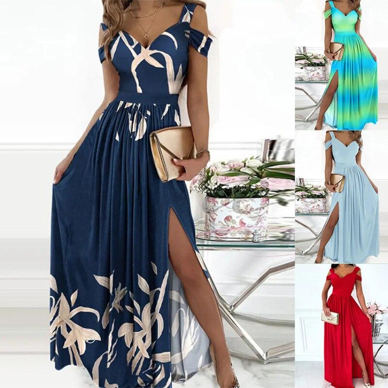 Summer  V-neck Printed Long Dress Temperament Sleeveless Split Sexy Dress Casual Folds Elastic Waist Off Shoulder Dress 26190