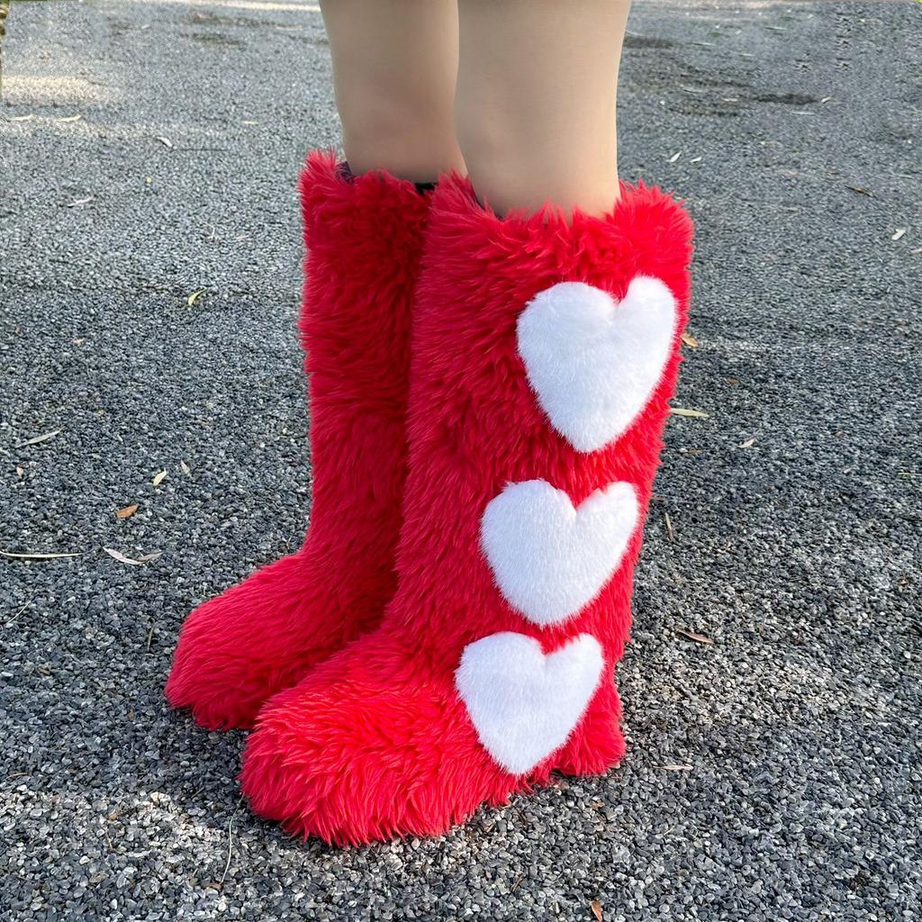 IPPEUM Knee High Fur Boots Heart 2025 New Shoes Plus Size 44 Plush Long Boots