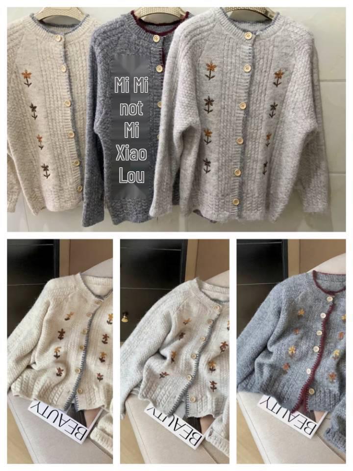 Japanese Soft Knit Round Neck Floral Embroidery Cardigan for Women - Autumn Winter Lazy Style Sweater Coat
