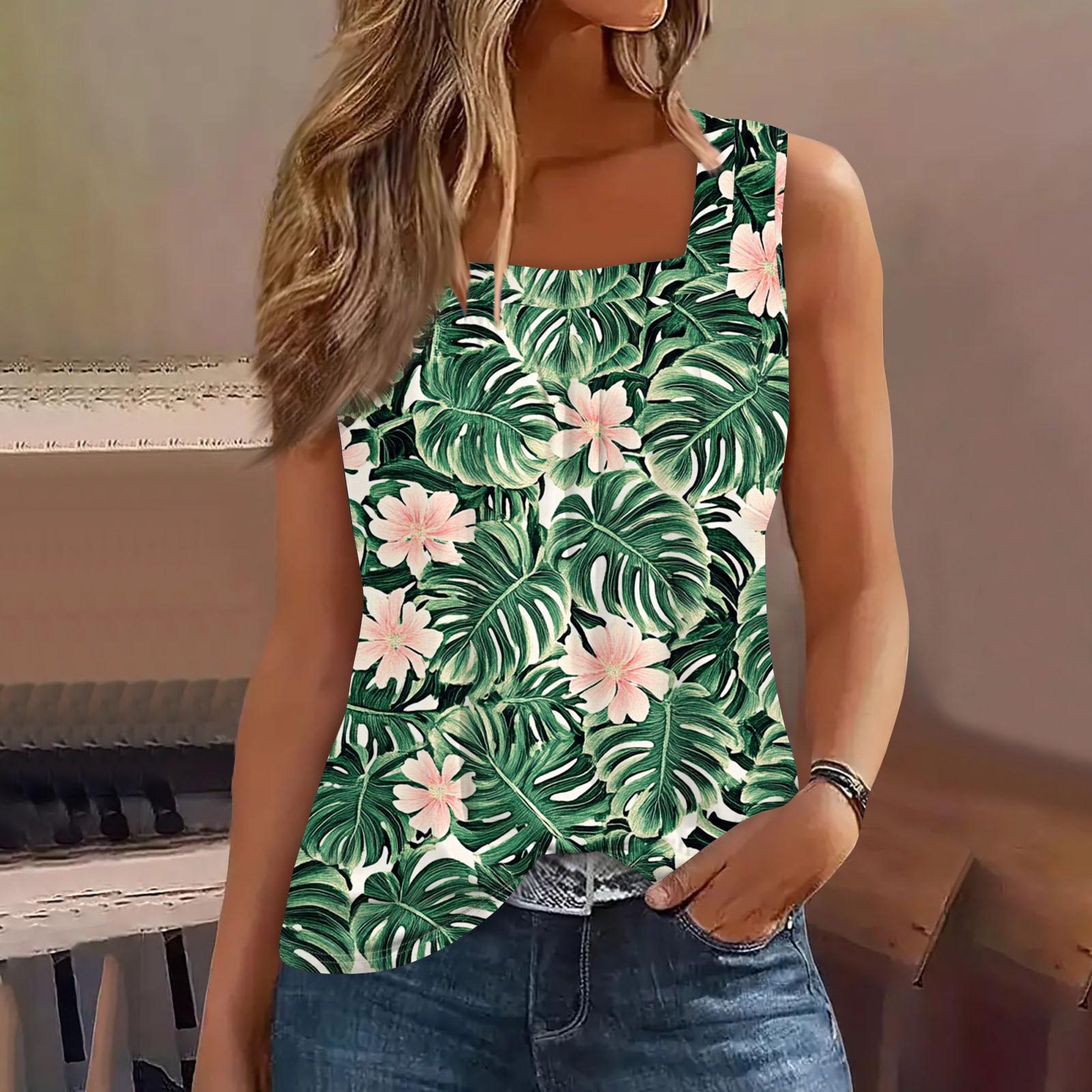 

Women’s Square Neck Spaghetti Strap Tank Top Floral Print Casual Athletic Tops for Women Racerback Tank Tops for Women Spring Tops for Women XXL помаранчевий