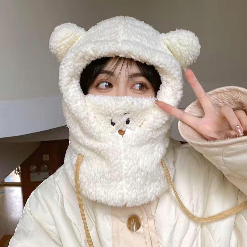 [Warm Five-in-one] Winter Adult One-piece Hat, Piled and Thickened Cute Bear One-piece Mask Hat, Warm Hat