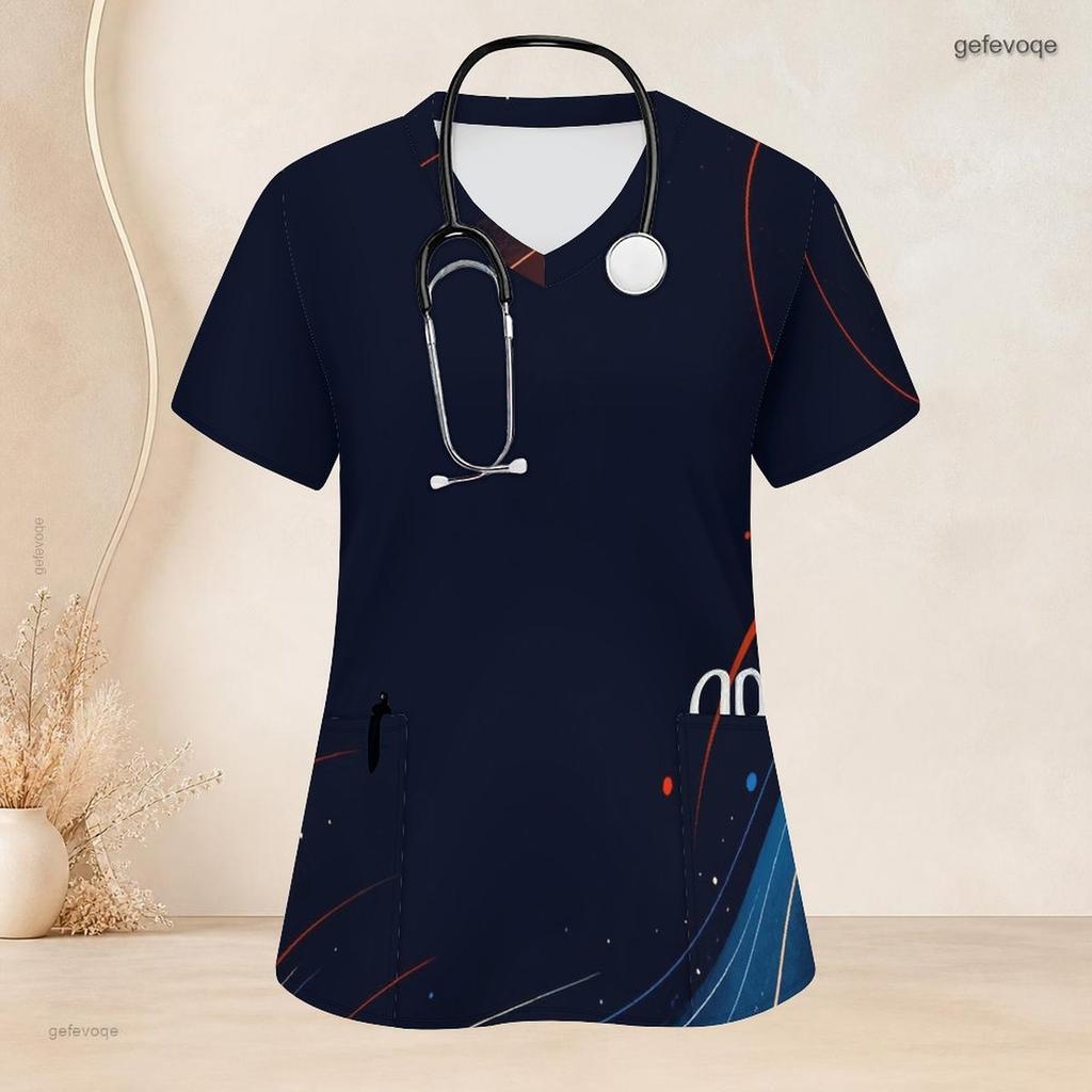 Women Plus Size Nurse Scrub Top V Neck Short Sleeve Galaxy Star Printed With Front Pockets