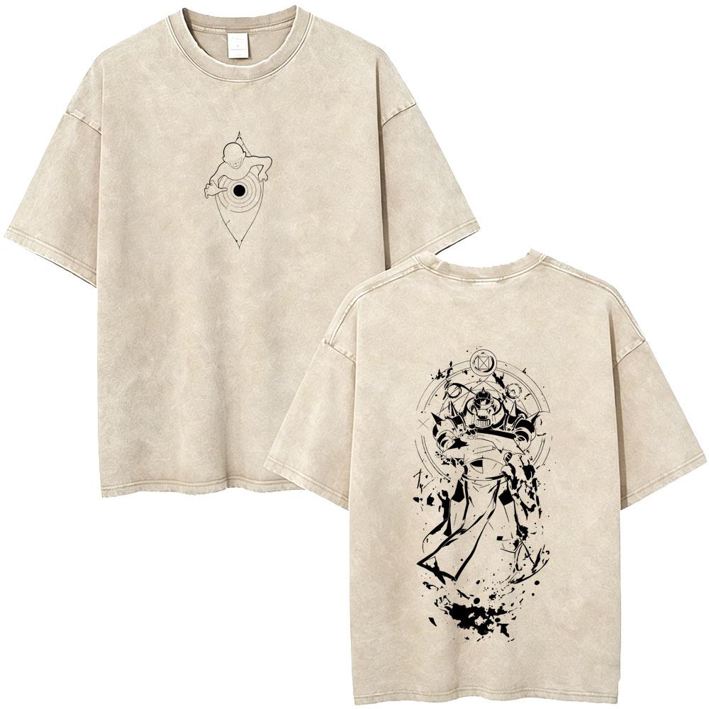 Camiseta Gráfica Lavada Vintage Anime Fullmetal Alchemist Edward Elric y Alphonse Elric para Hombre Mujer Manga Verano Retro Camisetas