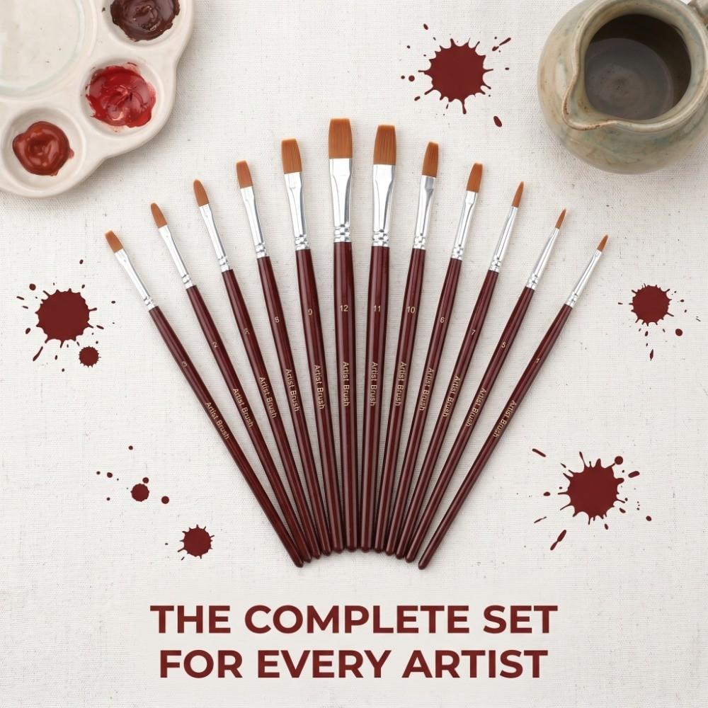 12PCS Round & Flat Head Paint Brush Set Wine Red Polished Handle Soft Nylon Fiber Watercolor Brushes Reinforced Connection