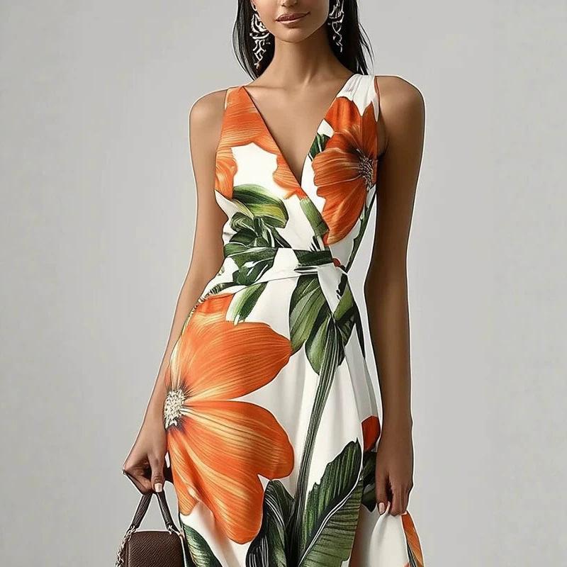 2026 European and American print slim holiday style lazy oversized skirt dress