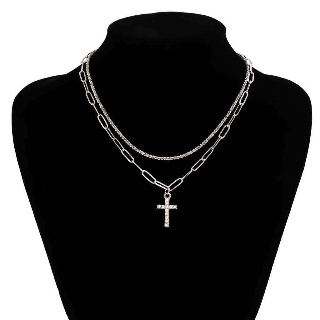 Wind Sparkling Chain Clavicle Necklace Women'S, Simple Diamond Cross Double Necklace
