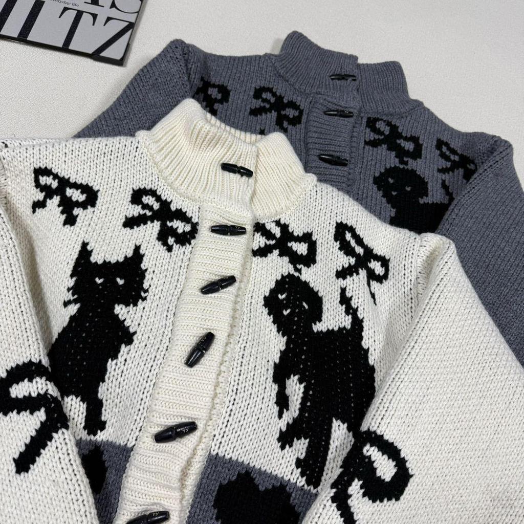 In-Stock Korean Retro Bow Jacquard Cardigan Sweater for Women