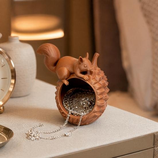 Unique Animal Shape Organizer 3D Printed Squirrel Pinecone Jewelry Tray, Large Storage for Capacity Box Rings Necklaces Small Accessories, Forest