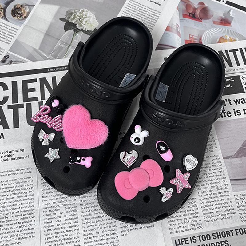 Croc Accessories: DIY Barbie Pink Y2K Emo Shoe Charms with Dark Butterfly Heart Design