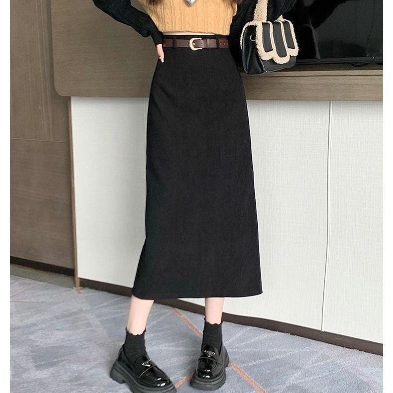 

French Mid-Length Corduroy A-Line High Waist Slimming Skirt for Autumn/Winter S 80-95 cm