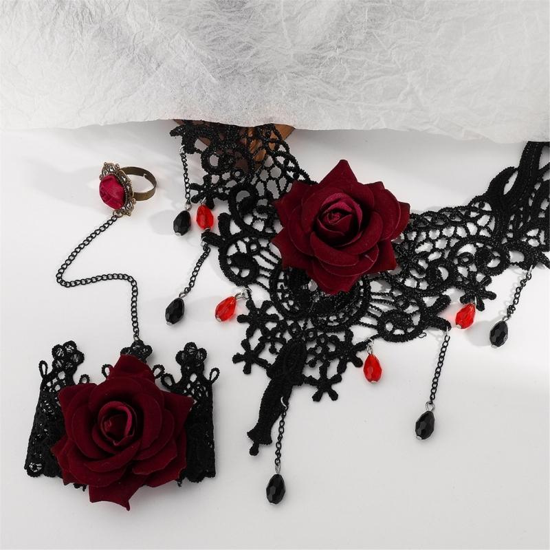 2pcs Gothic Lace Choker Necklace Finger Rings Bracelet Halloween Costume Accessories Jewelry for Women Girls Gift