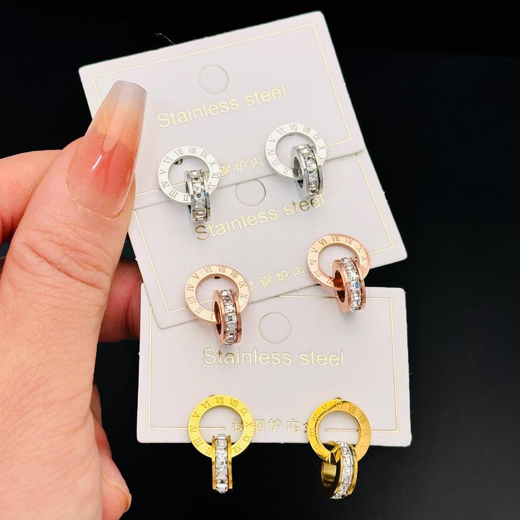 New creative earrings with diamond inlay rose gold titanium steel earrings women's double ring popular earrings accessories