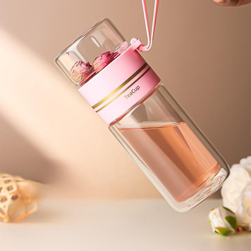 High Borosilicate Glass Tea Water Bottle Double Layer Tea Water Cup Infuser Tumbler Drinkware Water Bottle with Tea Filter