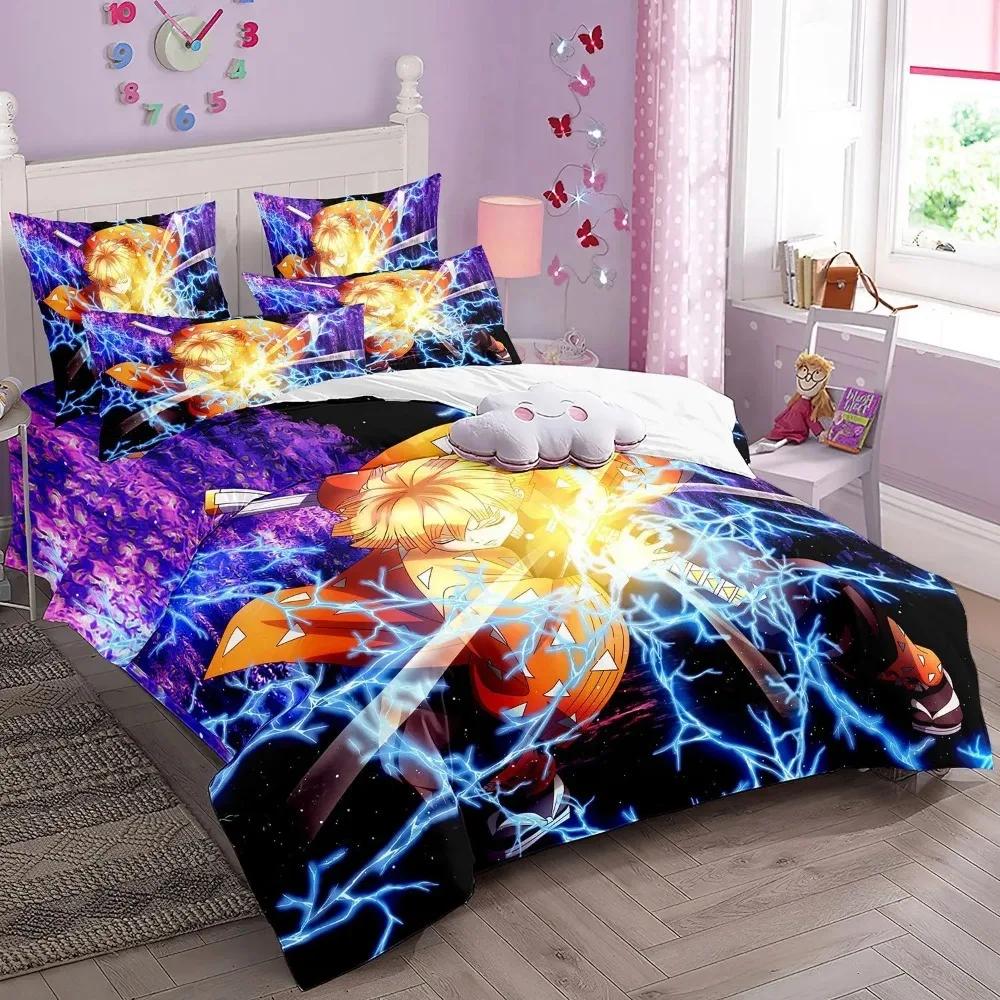 Anime Demon Slayer Comforter Sets, 3D Bedding Set, Duvet Cover Pillowcase with Zipper 140x200cm, Gift for Boys and Girls.