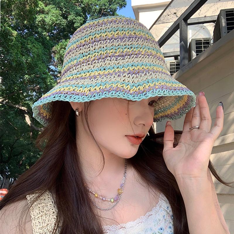 Color Macaron Stunning Straw Bucket Hat For Women With Embroidery And Uv Protection Sun