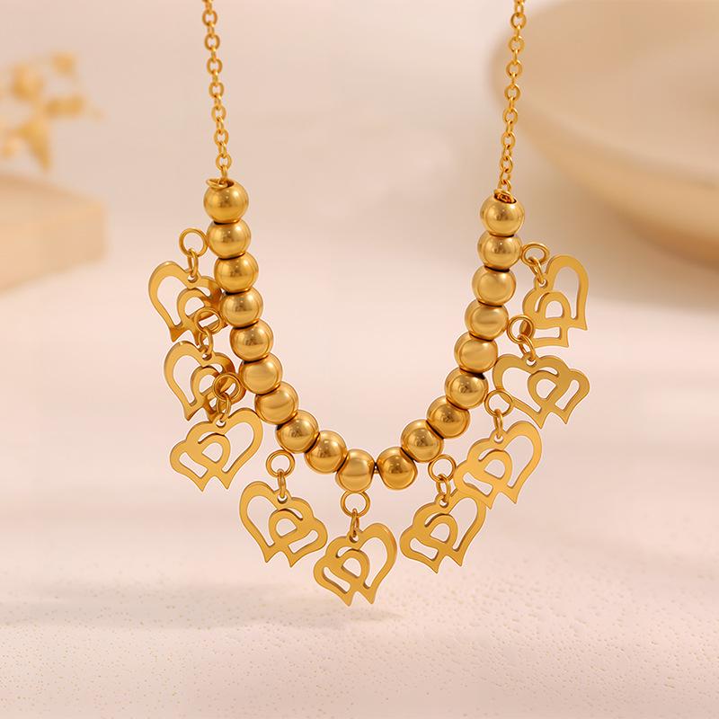 High-End European & American Stainless Steel Heart Necklace - Non-Fading Beaded Pendant Clavicle Chain Jewelry