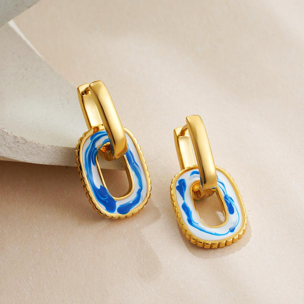 Vintage Ceramic Porcelain Blue White Enamel Hoop Earrings for Women Fashion Geometry U Shape Ear Buckle Pendientes Gift