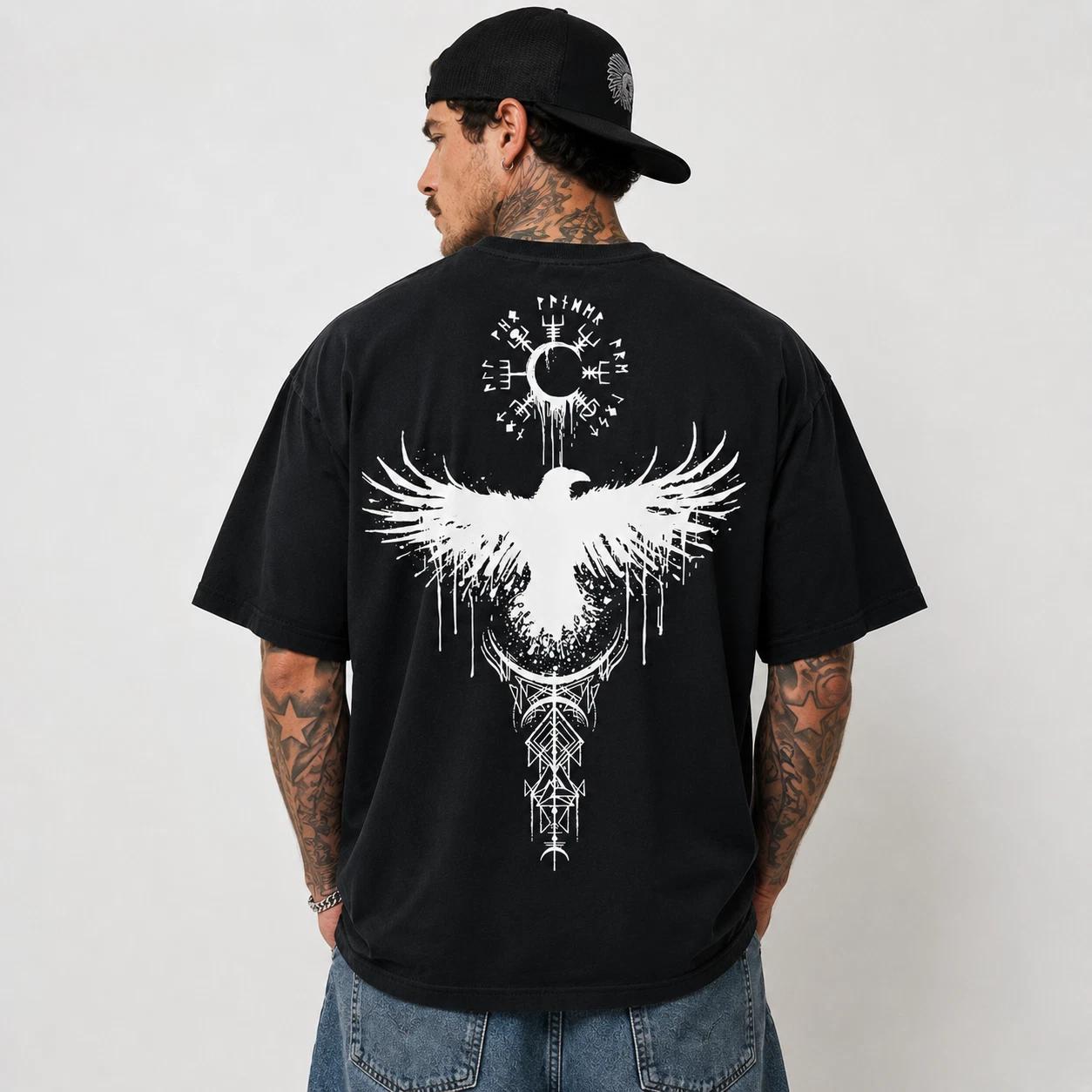 Viking Raven T-Shirt Norse Mythology Odin Symbol Graphic Mens Black Tee XS