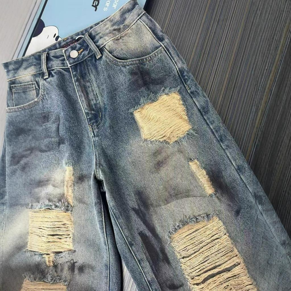 Comfortable Big Yards of Broken Holes Jeans Female Loose Pear-shaped Figure Skinny Straight High Waisted Wide-legged Dragged Trousers Long Denim Pants