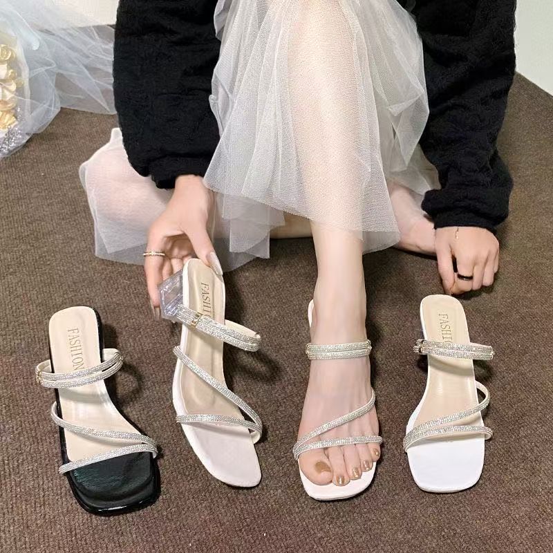 High-heeled Sandals New Two Wear Crystal Thick-heeled Rhinestones Fairy Style Fashion One-word Belt