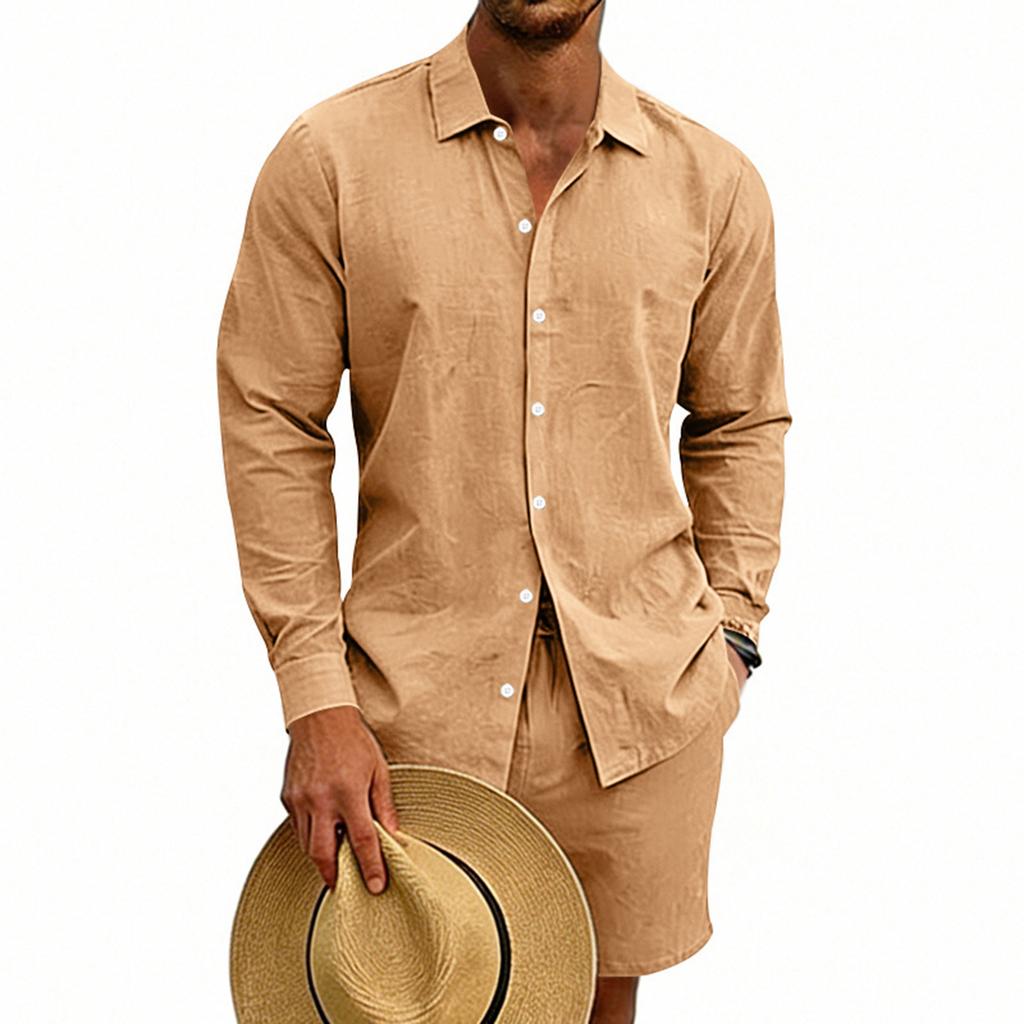 Men's Cotton And Linen Casual Long-Sleeve And Shorts Set